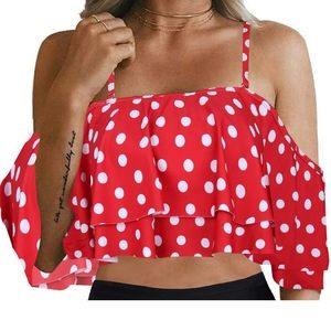 Red Polka Dot Ruffle Off the Shoulder Swim Top
